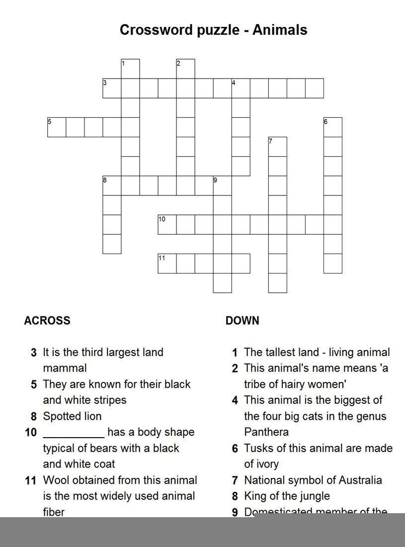 Animals And Their Sounds Crossword Puzzle Crossword Puzzles For Kids
