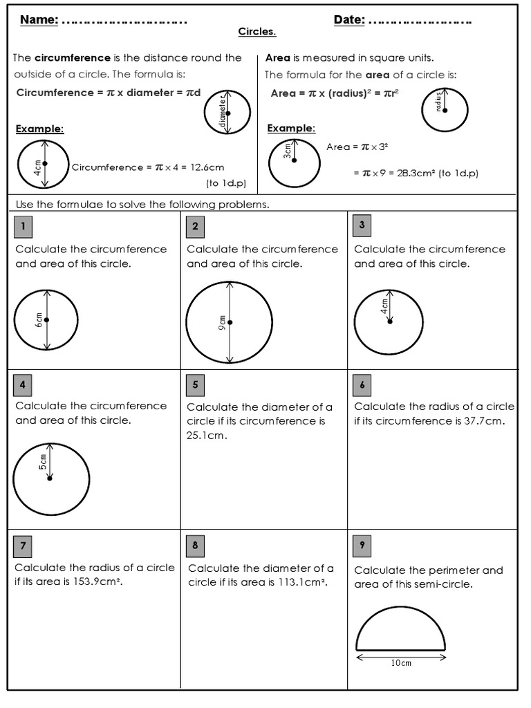 circumference and area of a circle worksheet