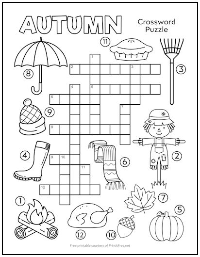 printable autumn crossword puzzle for adults