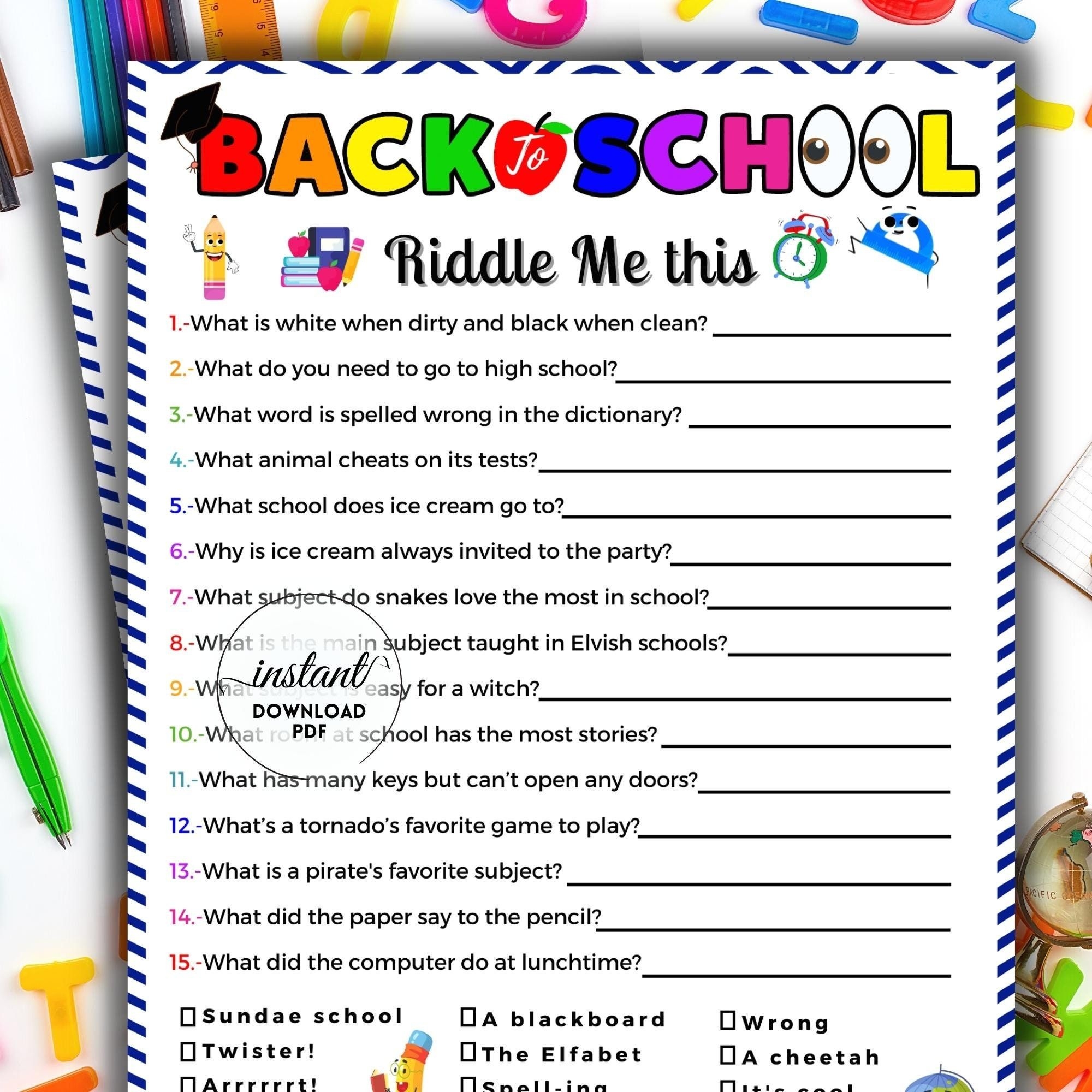 Back To School Riddles Printable Back To School Game First Day Of