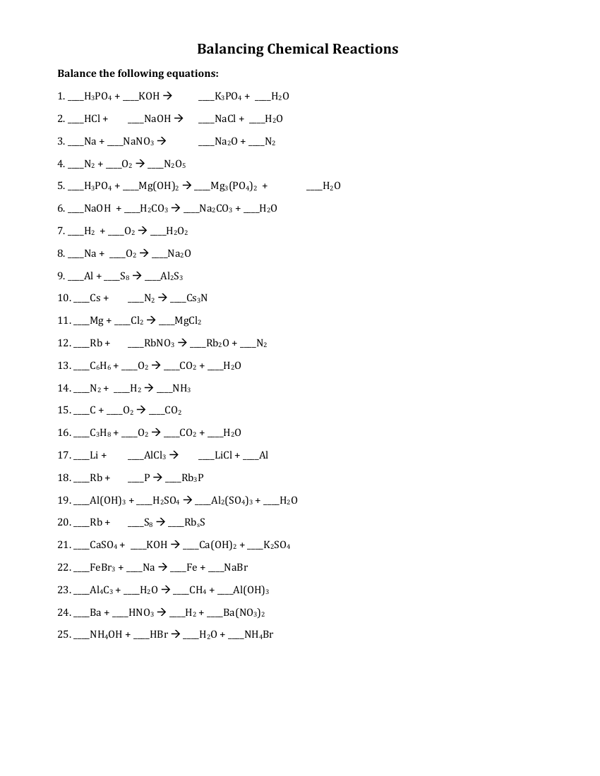 Balancing Chemical Equations Practice Sheet Worksheets Library