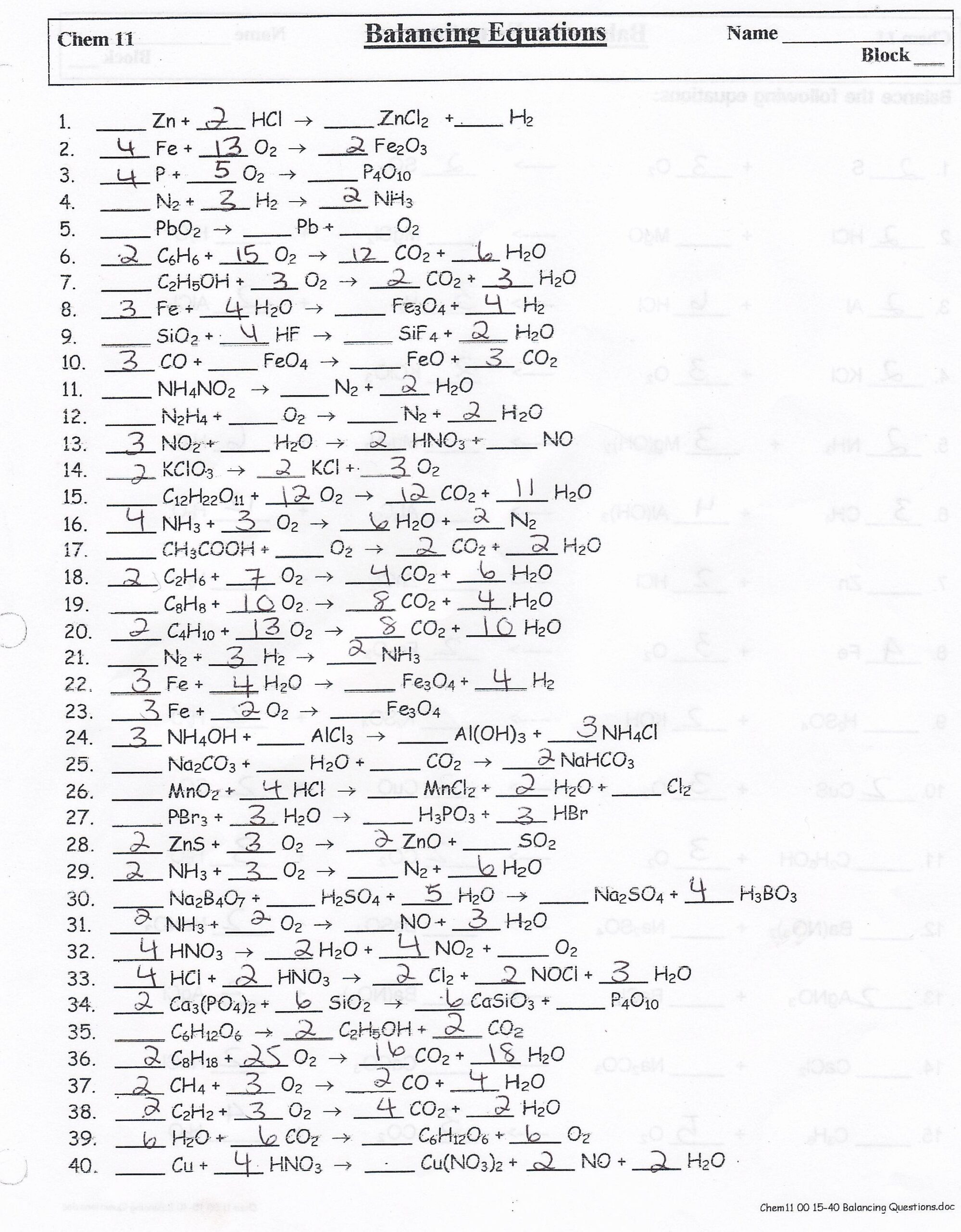 balancing chemical formulas worksheet