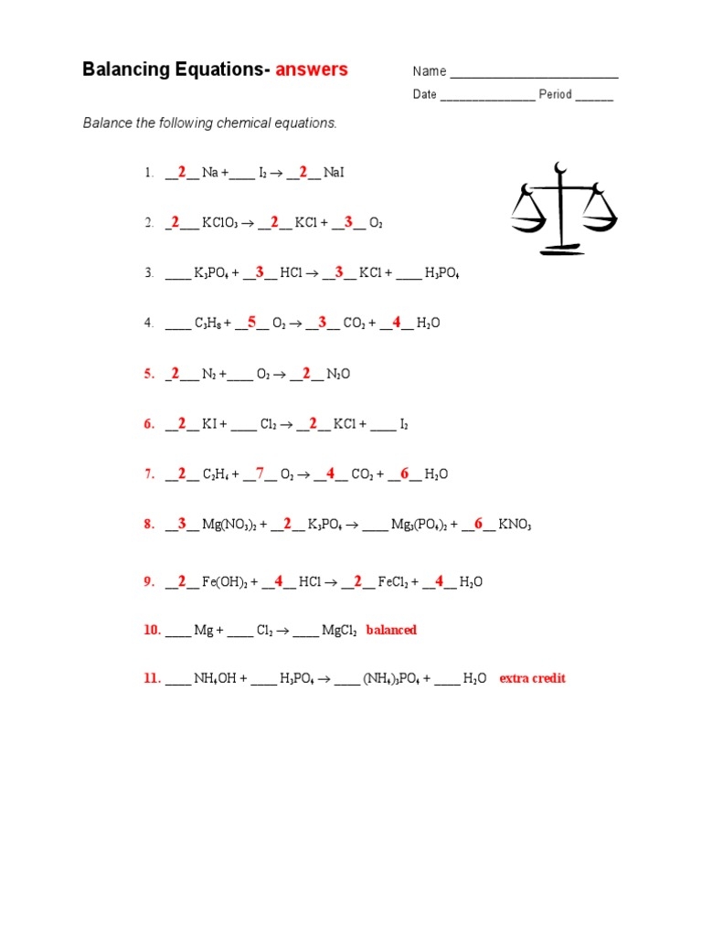 Balancing Equations 1 Answers PDF Worksheets Library