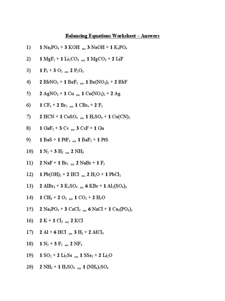 Balancing Equations Worksheet Answers Download Free PDF 