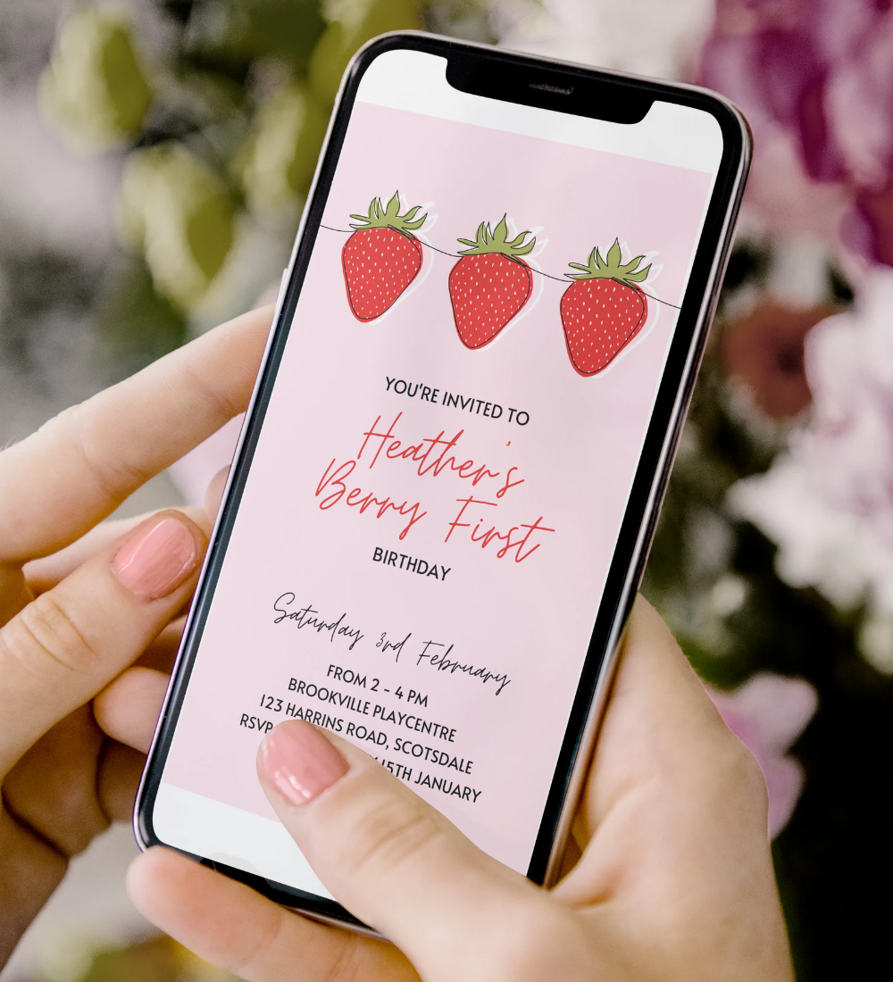 Berry First Birthday Invitation Mobile Strawberry Invitation Etsy 