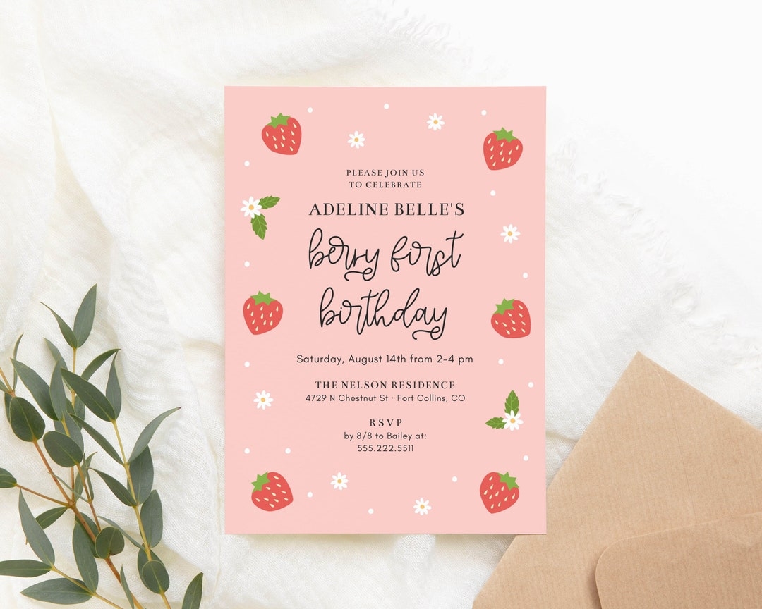 Berry First Birthday Invitation Template 5x7 Modern Strawberry 1st 
