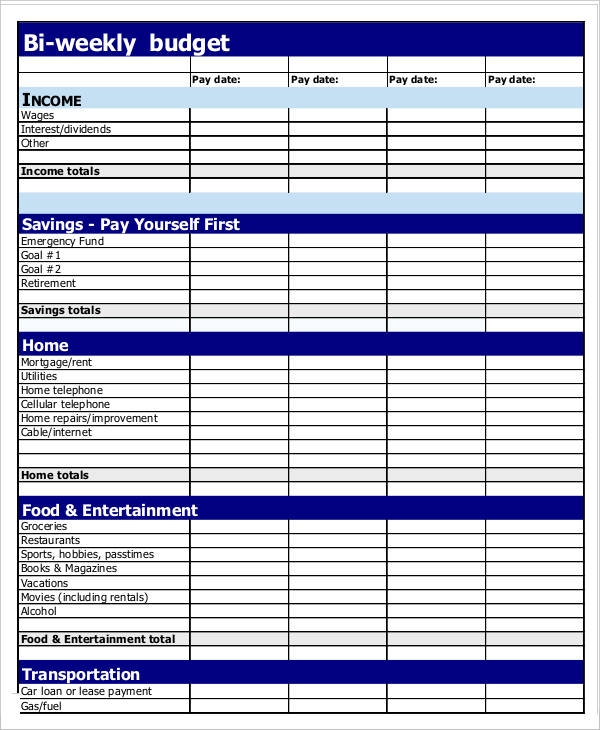 bi weekly budget worksheet template