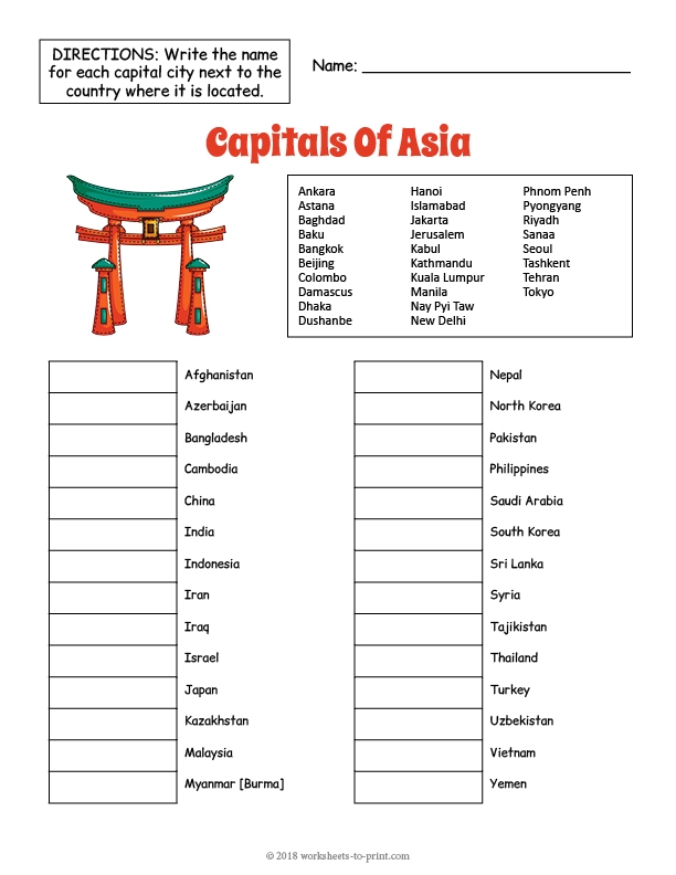 Capitals Of Asia Geography Worksheet