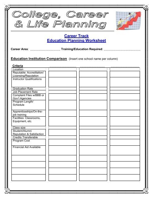 Career Track Education Planning Worksheet College Career Life