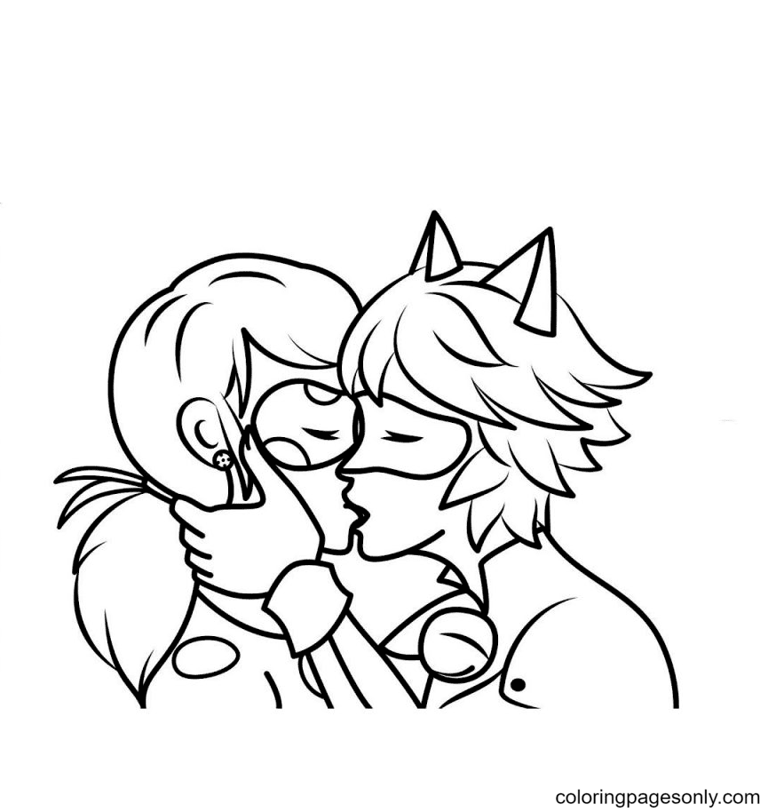 Cat Noir Kissing Ladybug Coloring Page Free Printable Coloring Pages