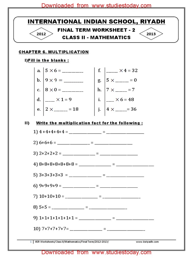 CBSE Class 2 Maths Practice Worksheets 139 Multiplication And 