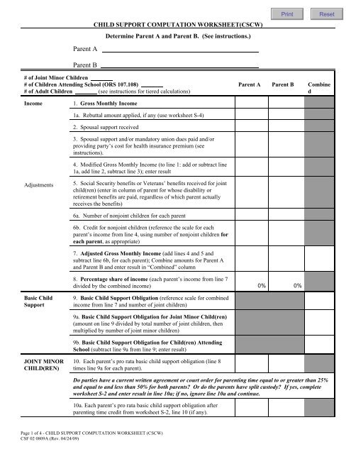 Child Support Computation Worksheet Oregon Child Support 