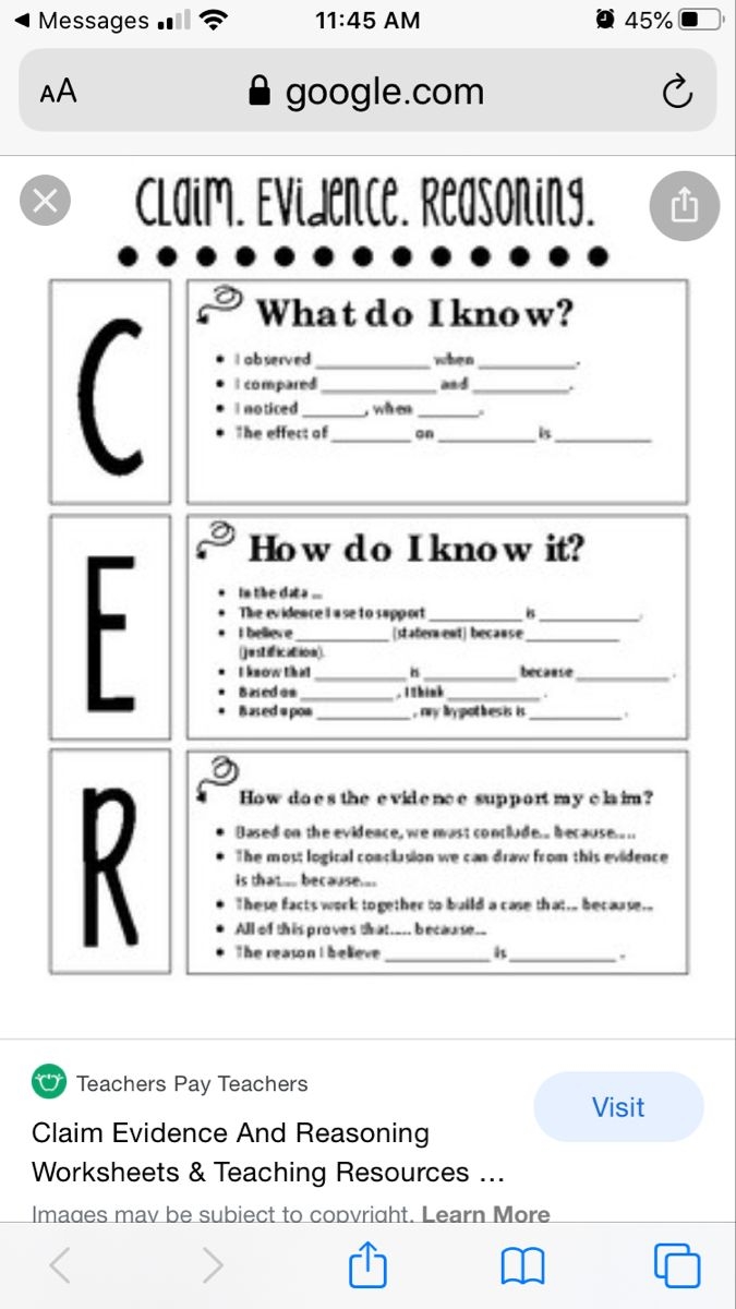 Claim Evidence Reasoning Worksheet