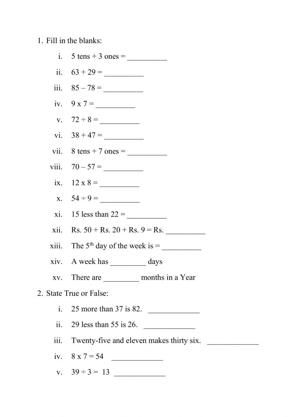 class 2 maths worksheet