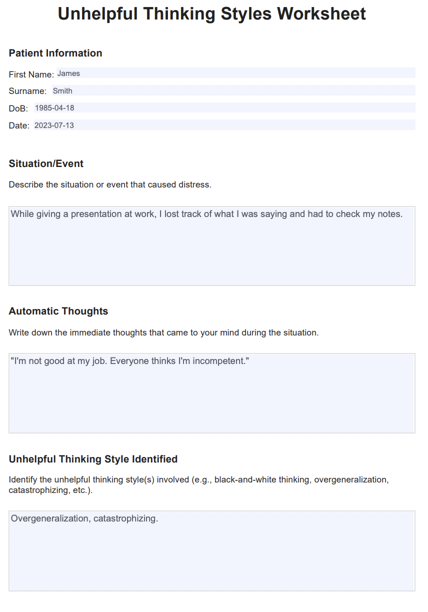 Cognitive Distortions Worksheet Therapist Aid Worksheets Library