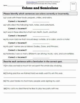colons and semicolons 6th grade worksheet