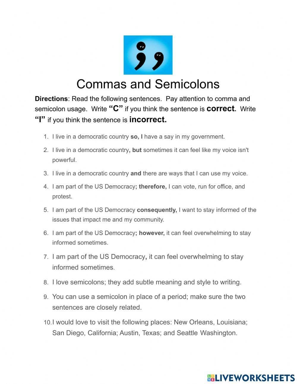 Commas Colons And Semicolons Worksheets Library