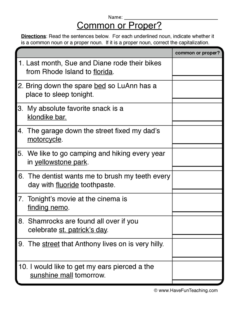common and proper noun worksheets