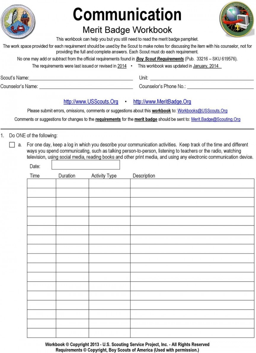 Communications Merit Badge Worksheet Printable PDF Template