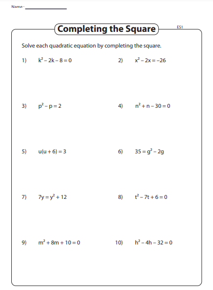 completing square worksheet
