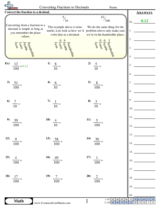 convert fractions to decimals worksheet