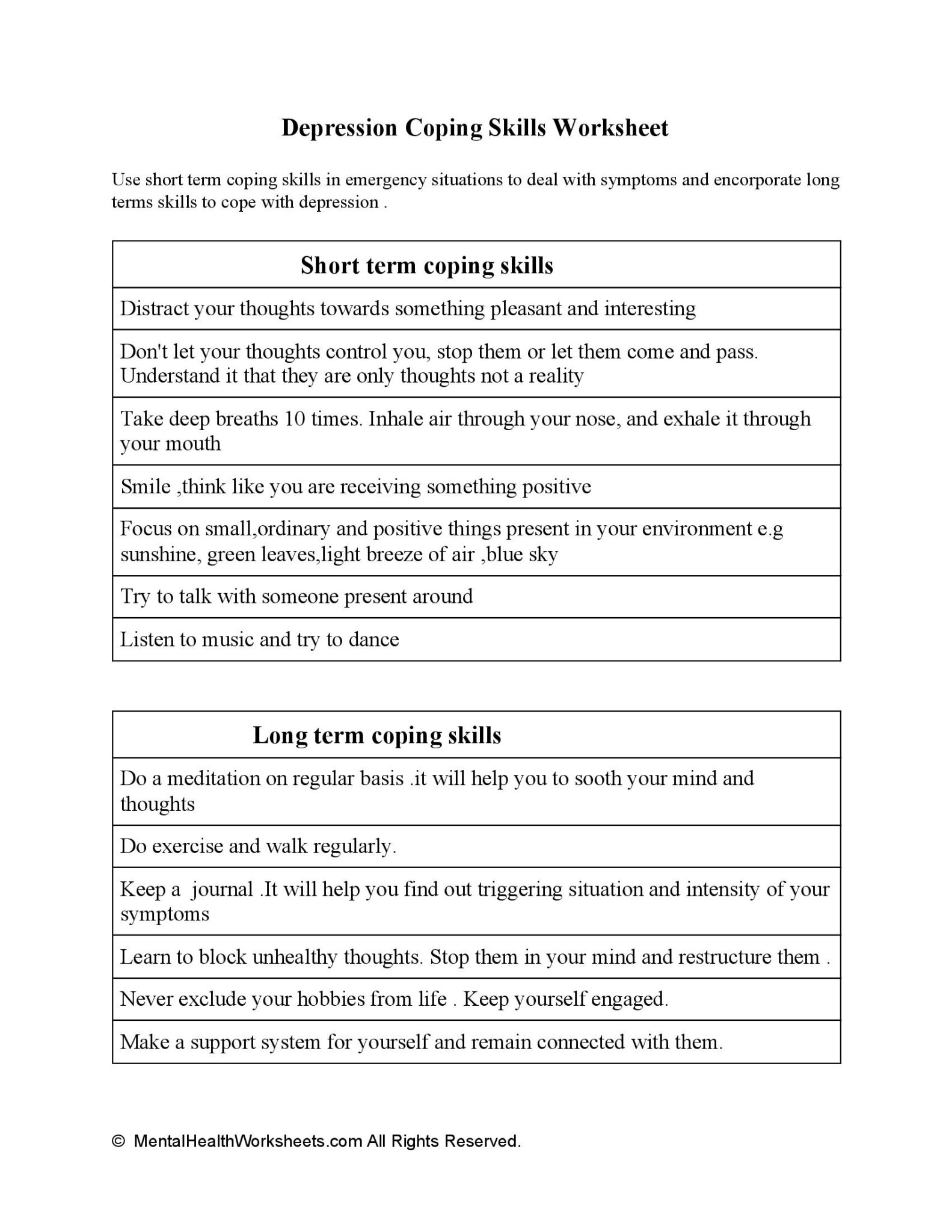 Coping Skills Depression Worksheet Therapist Aid SkillsWorksheets