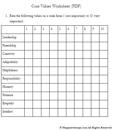 Core Values Worksheet PDF HappierTHERAPY Worksheets Library