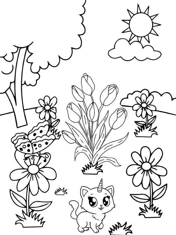Cute Kitten With Horn And Amazing Flower Garden Coloring Page Free 