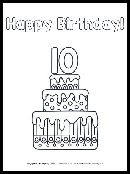 CUTE Printable Happy 10th Birthday Cake Coloring Page Birthday 