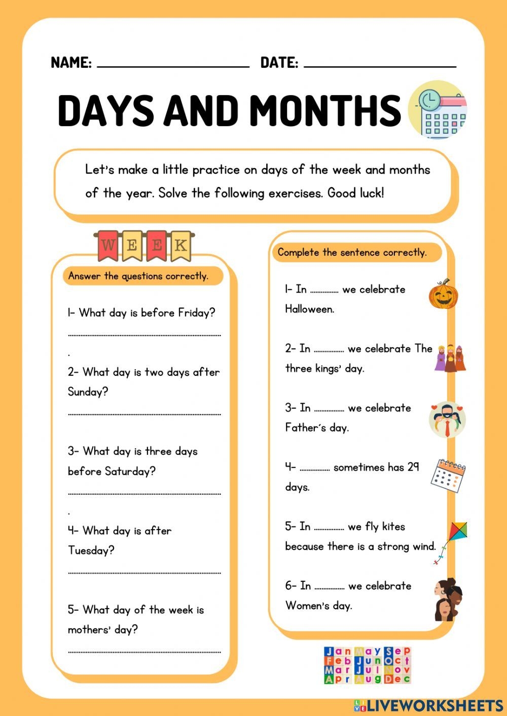Days And Months Practice Worksheet With Pictures