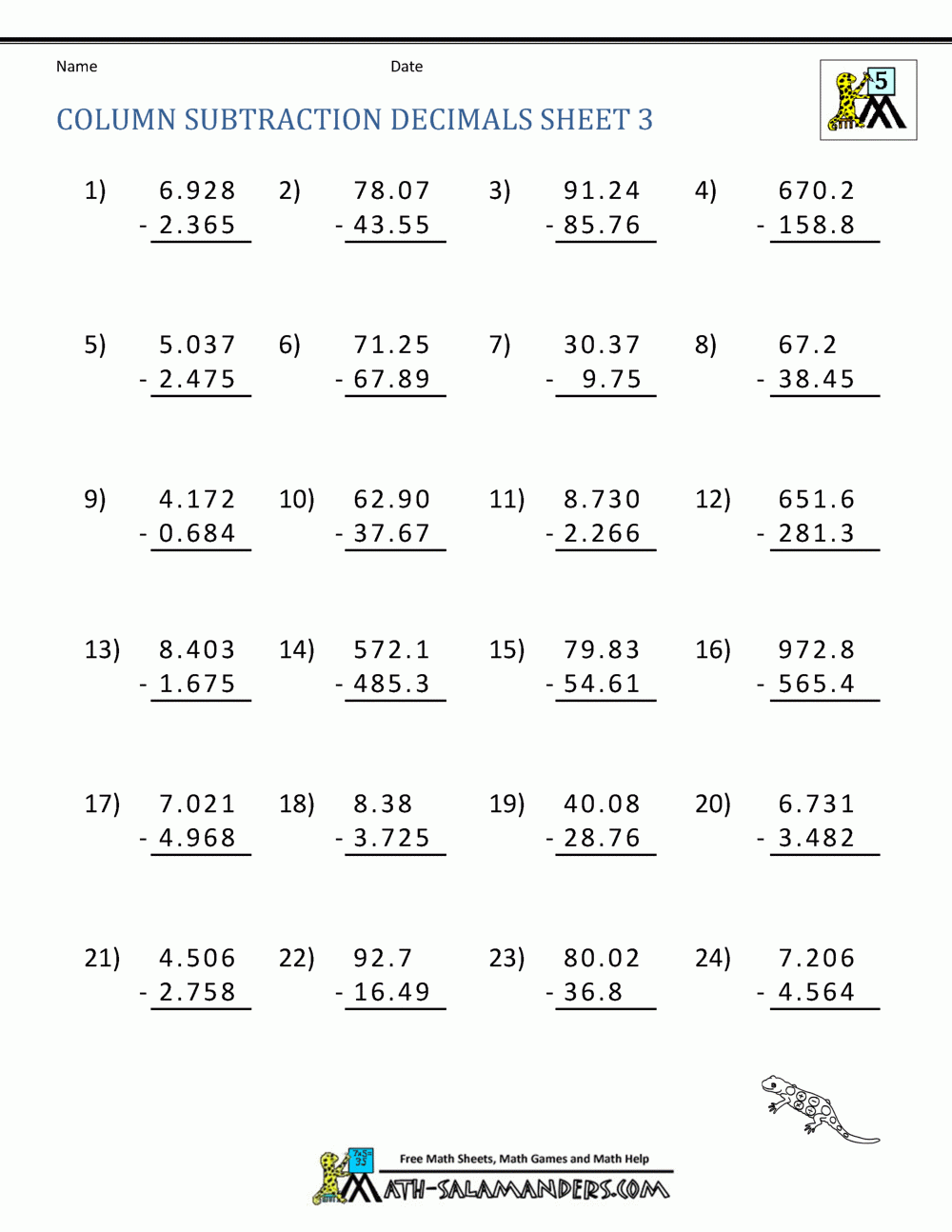 decimal addition and subtraction worksheets