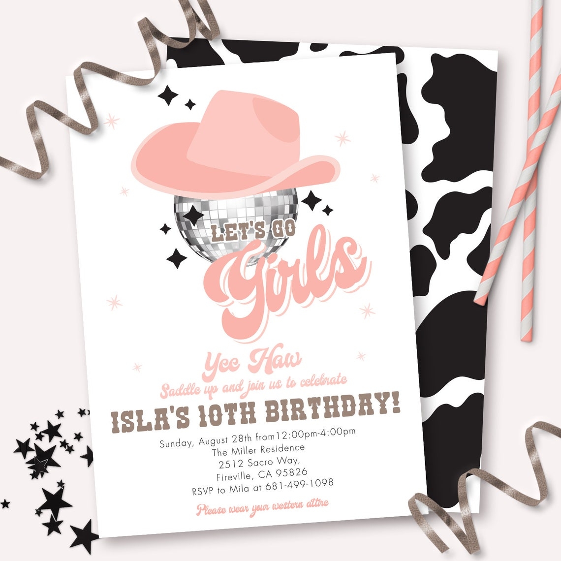 Disco Cowgirl Invitation Printable Disco Ball Cowboy Hat Etsy