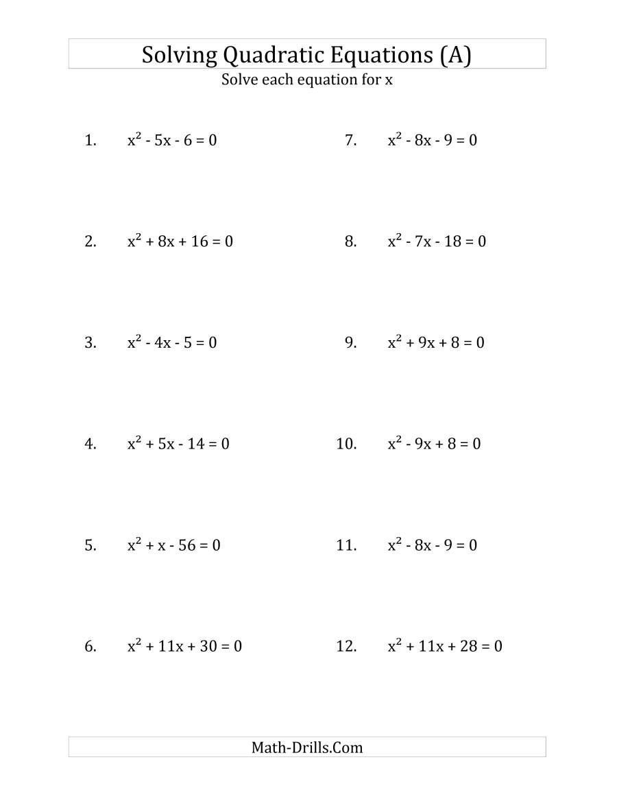 quadratic equation worksheet