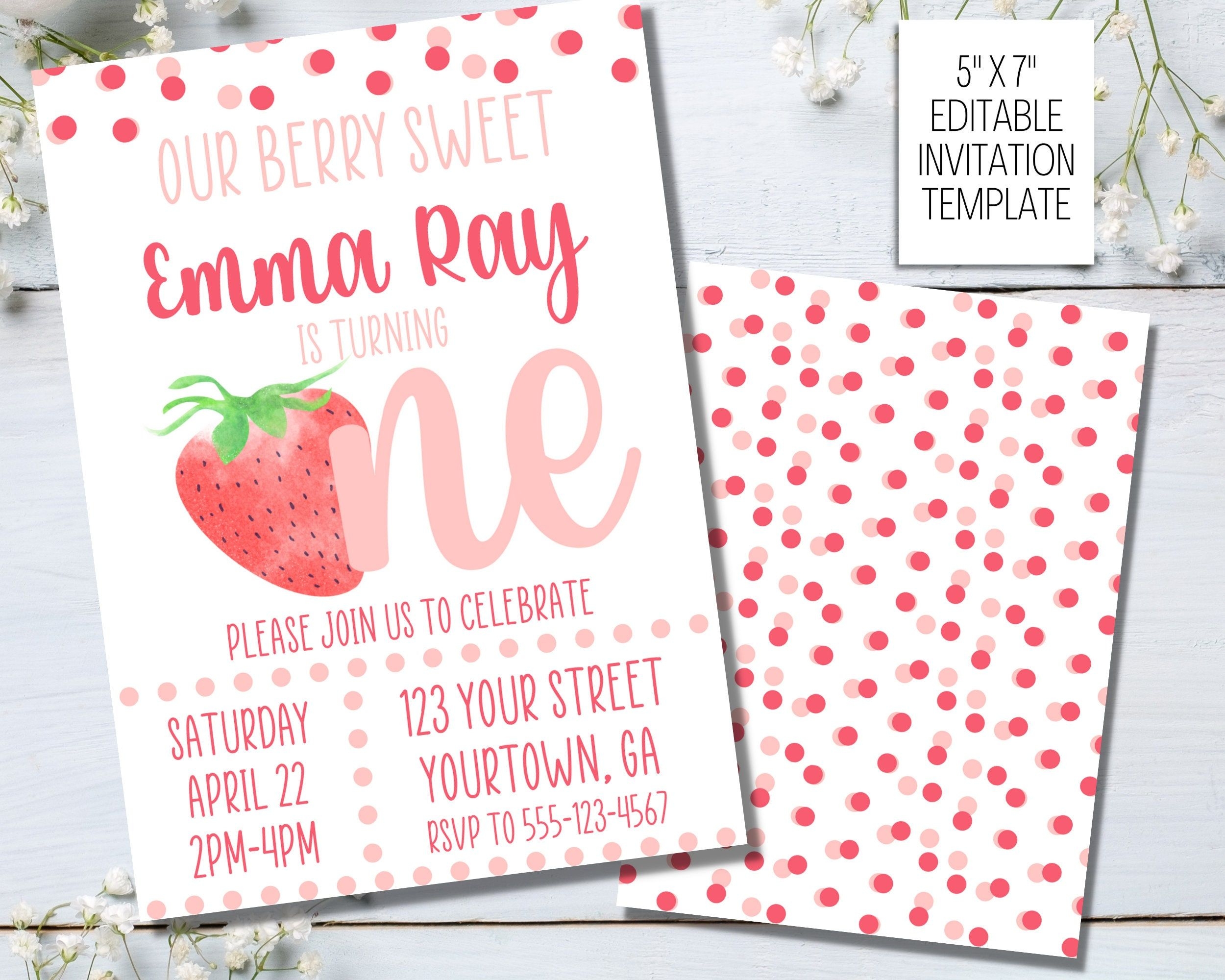 EDITABLE Strawberry First Birthday Invitation Berry First Birthday