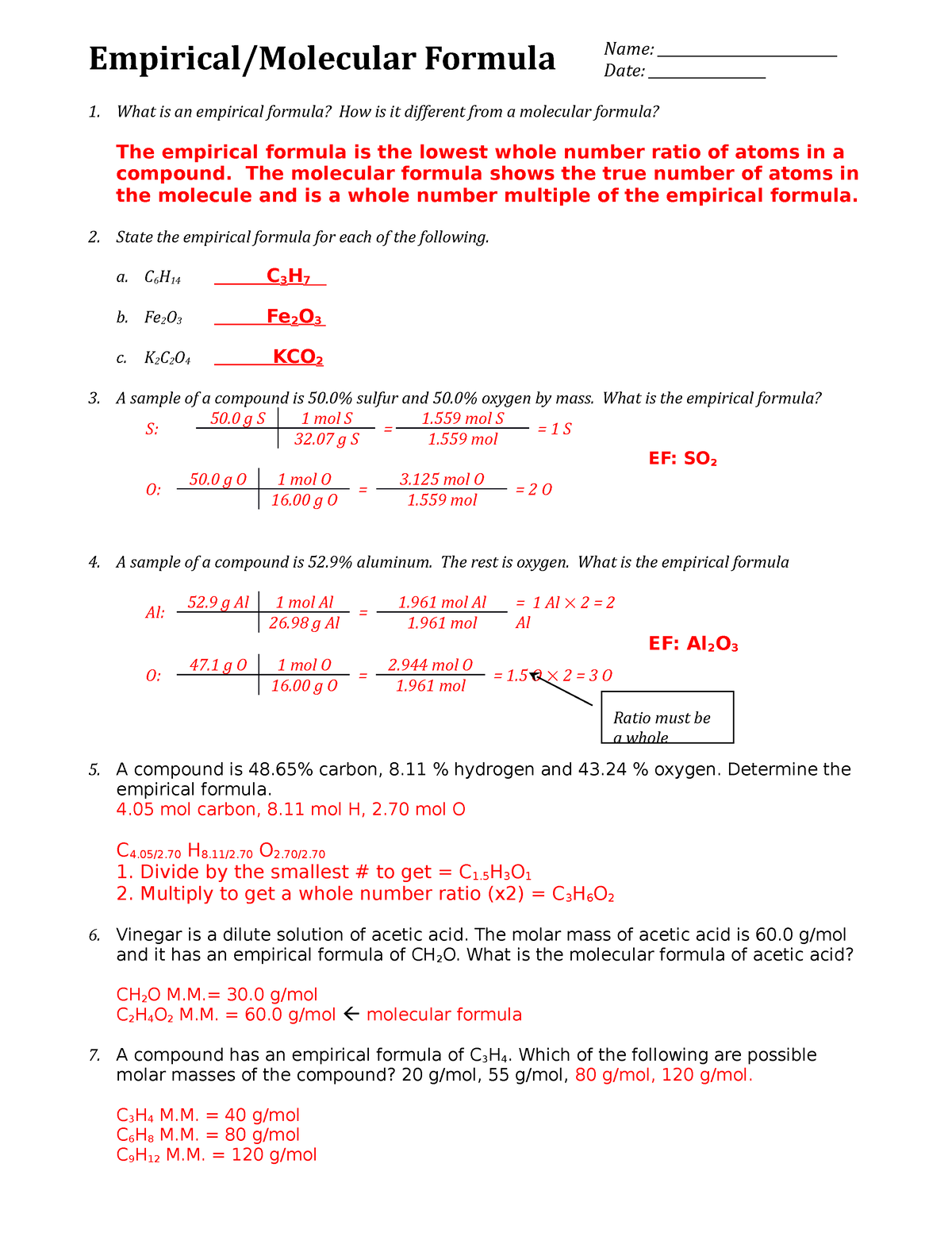 Empirical And Molecular Formula Key Name K 6 Date Empirical 