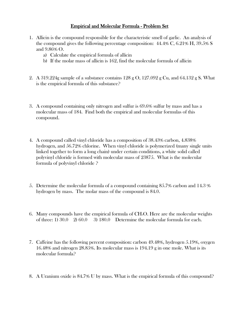 Empirical And Molecular Formula Worksheet Db excel