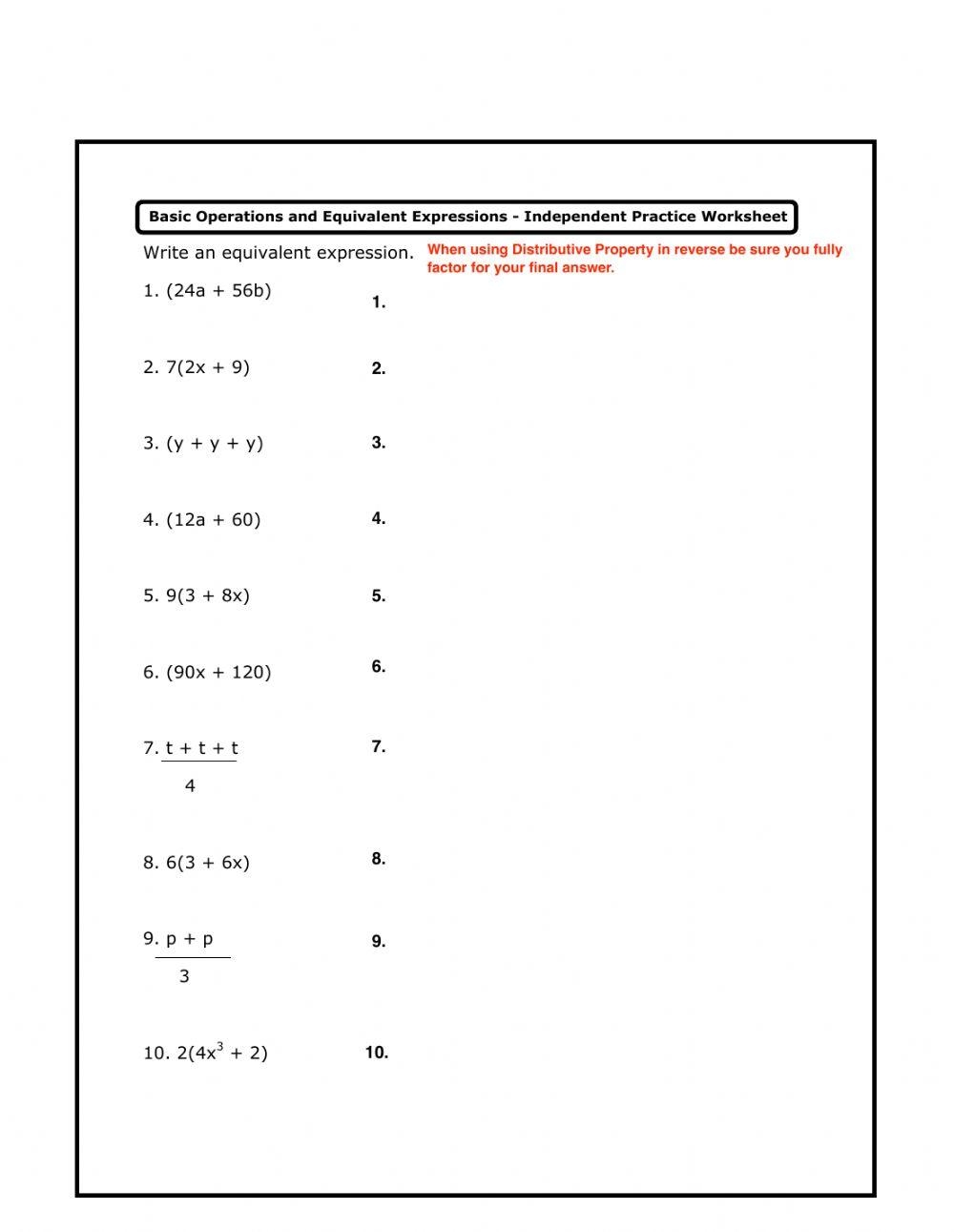 Equivalent Expressions Worksheet Live Worksheets Worksheets Library