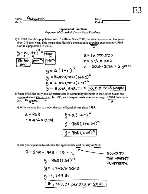Exponential Functions Growth Decay Worksheet E3 