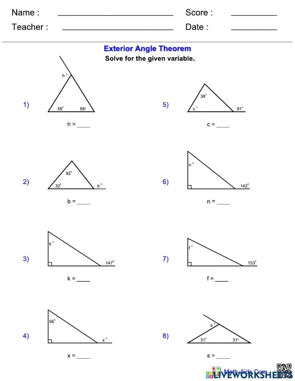 exterior angle theorem worksheet