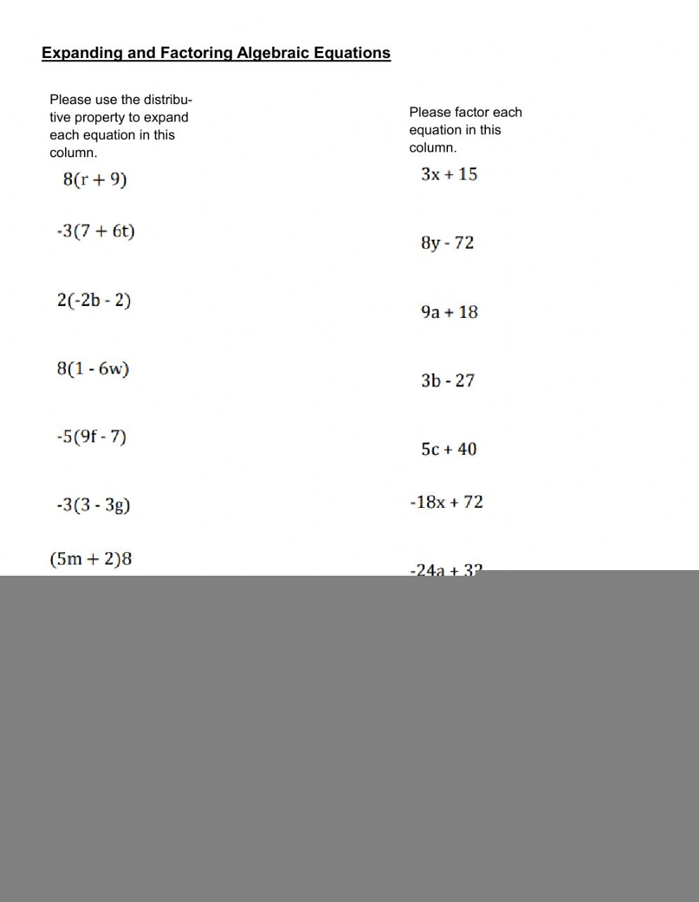 Factoring Algebraic Equations Worksheets FactorWorksheets