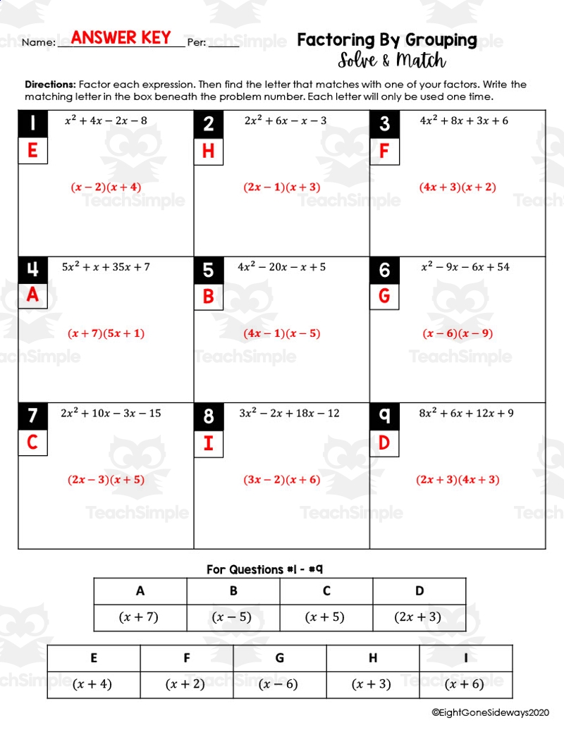 Factoring By Grouping Solve Match Worksheet By Teach Simple 