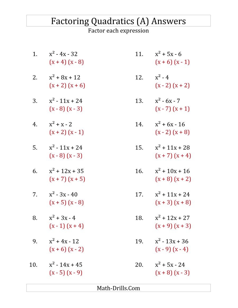 factor quadratics worksheet