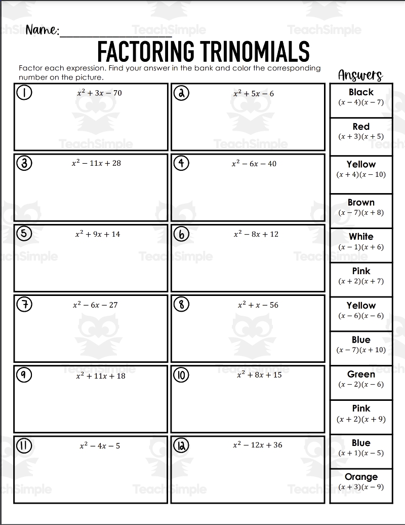 factoring simple trinomials worksheet