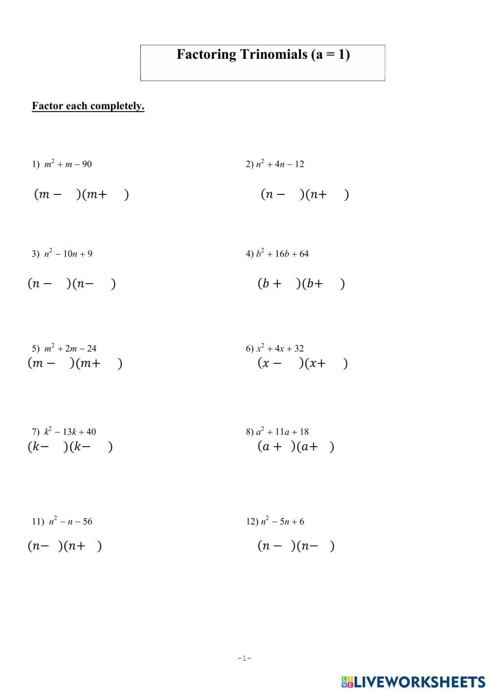 factor the polynomial worksheet