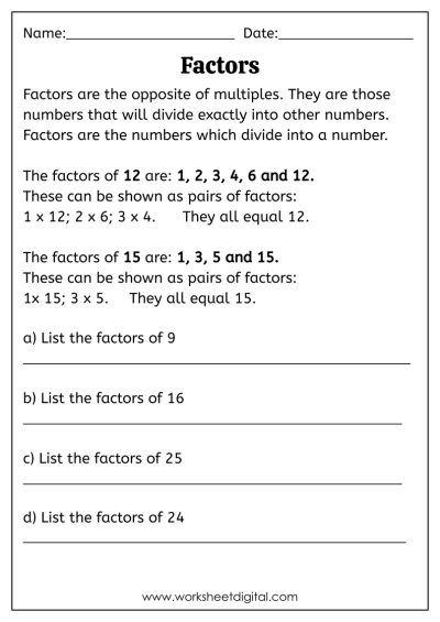 factors and multiples worksheet