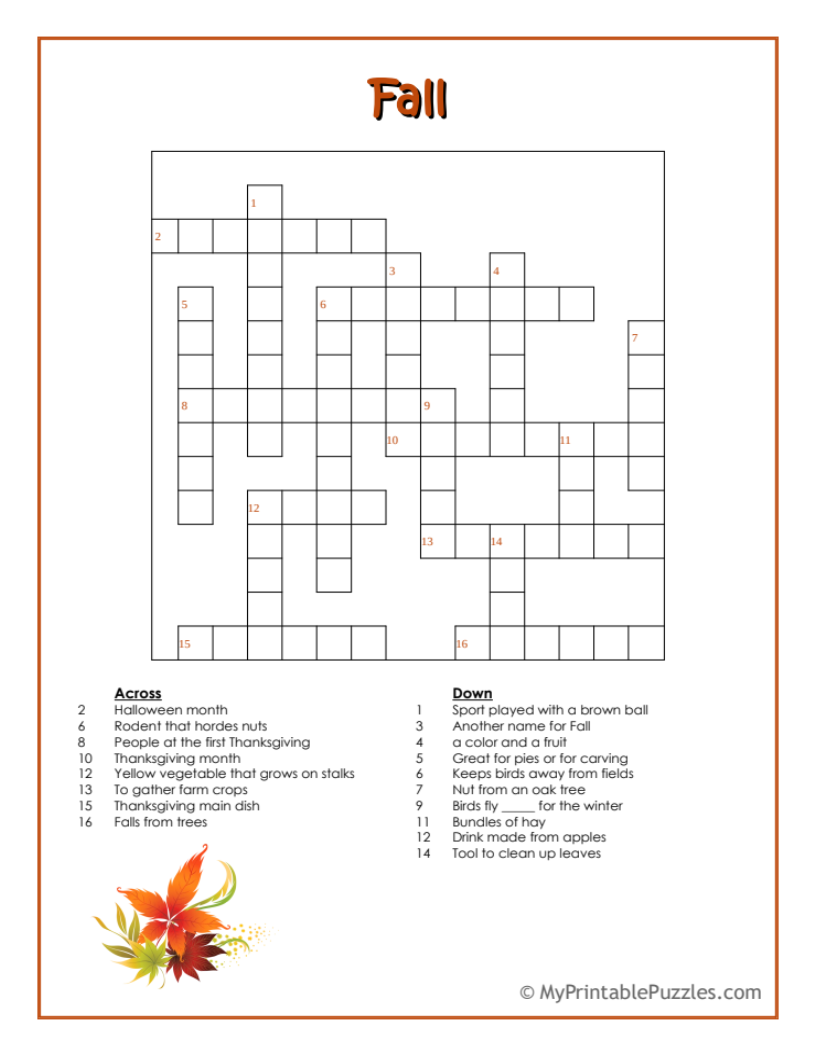 fall crossword puzzles printable