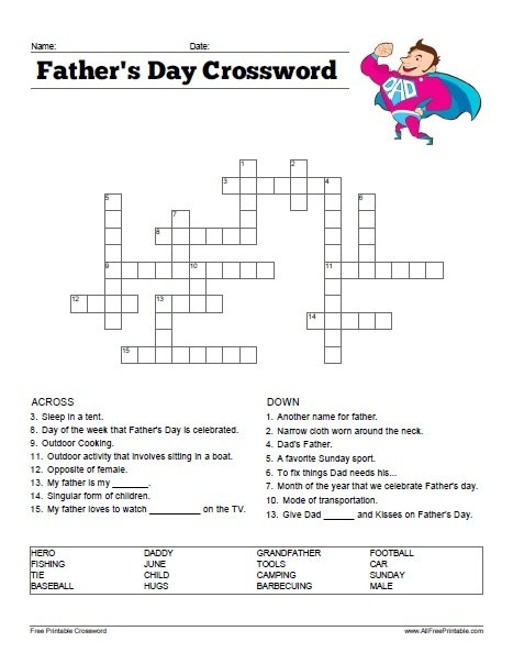 Father s Day Crossword Puzzle Free Printable
