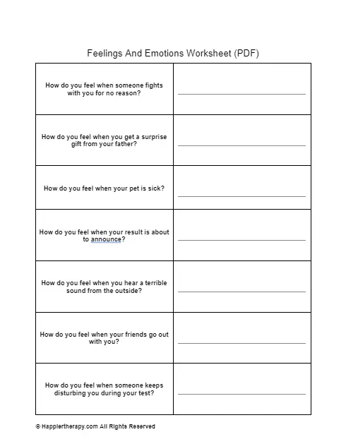 chart of negative emotions worksheet
