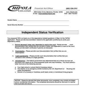 Fillable Online Chipola Independent Status Verification Chipola 