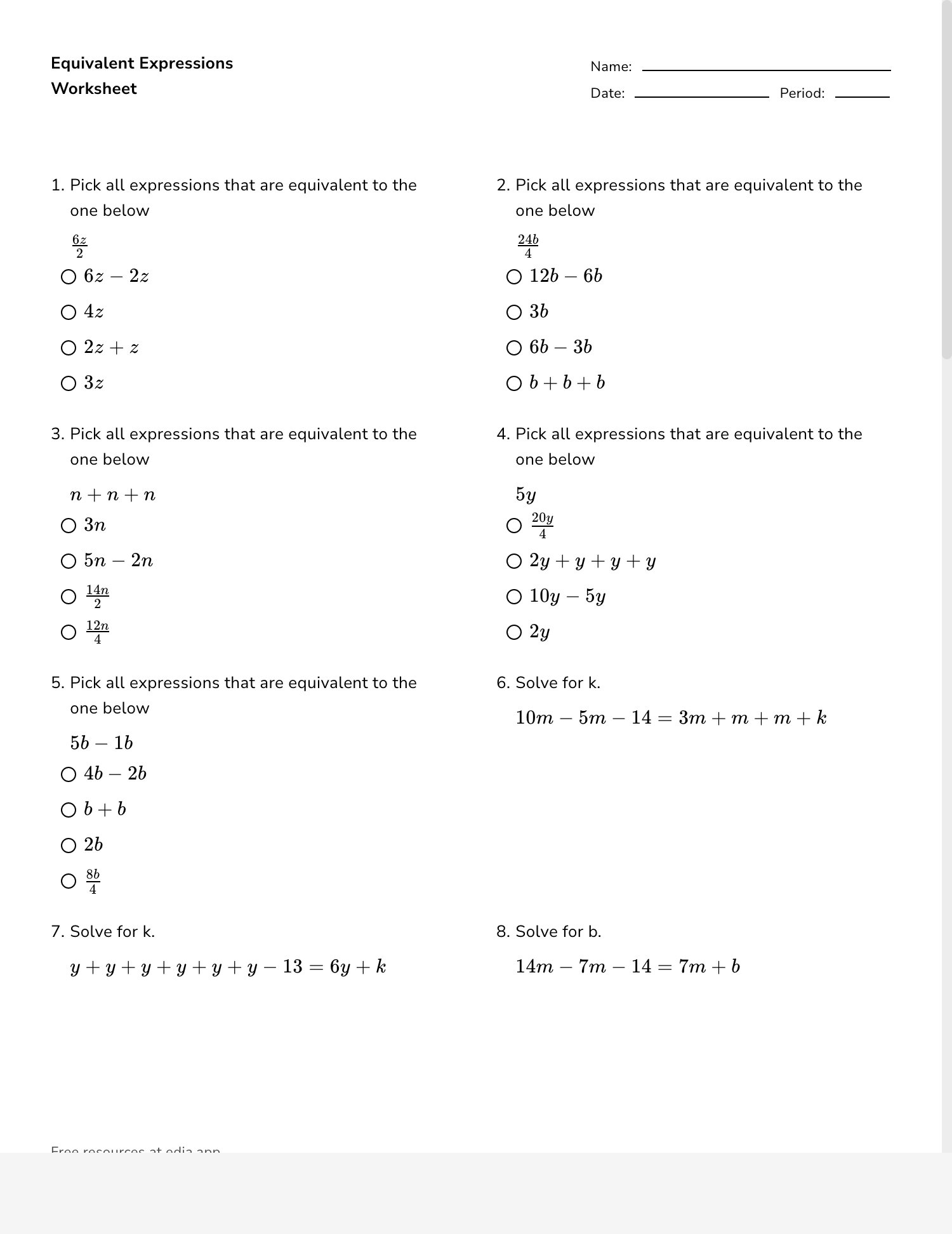 Finding Equivalent Expression With Negative Numbers Worksheet Download 